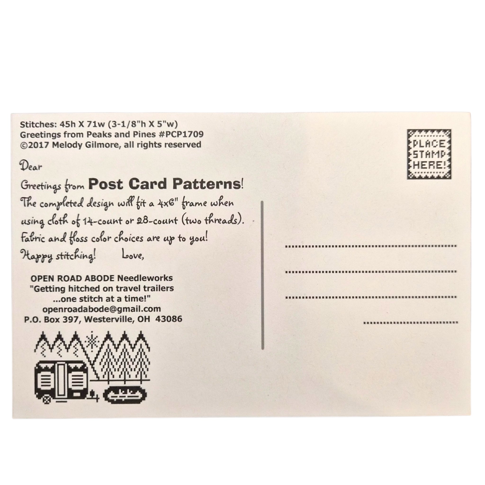 Greetings From Peaks and Pines Postcard - Cross Stitch Pattern